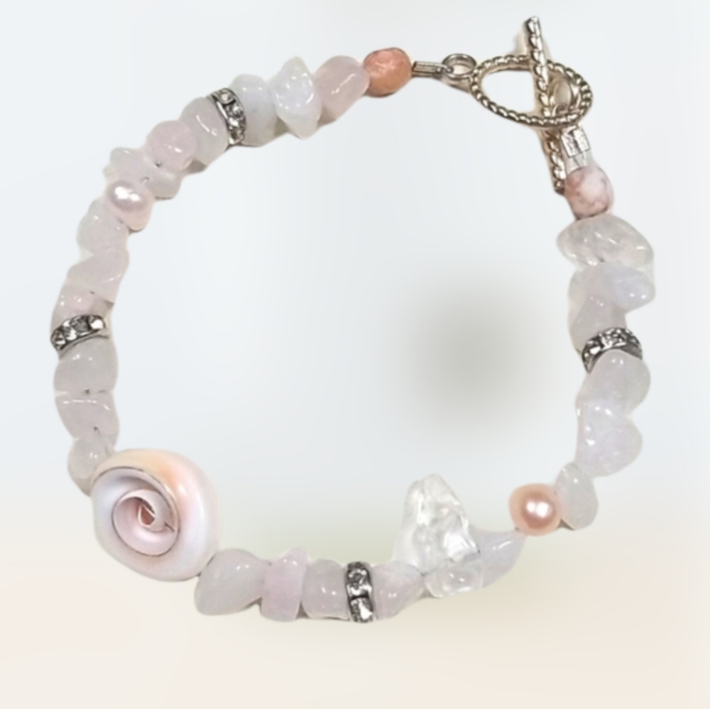 Rose Quartz and Shell Freshwater Pearl Bracelet